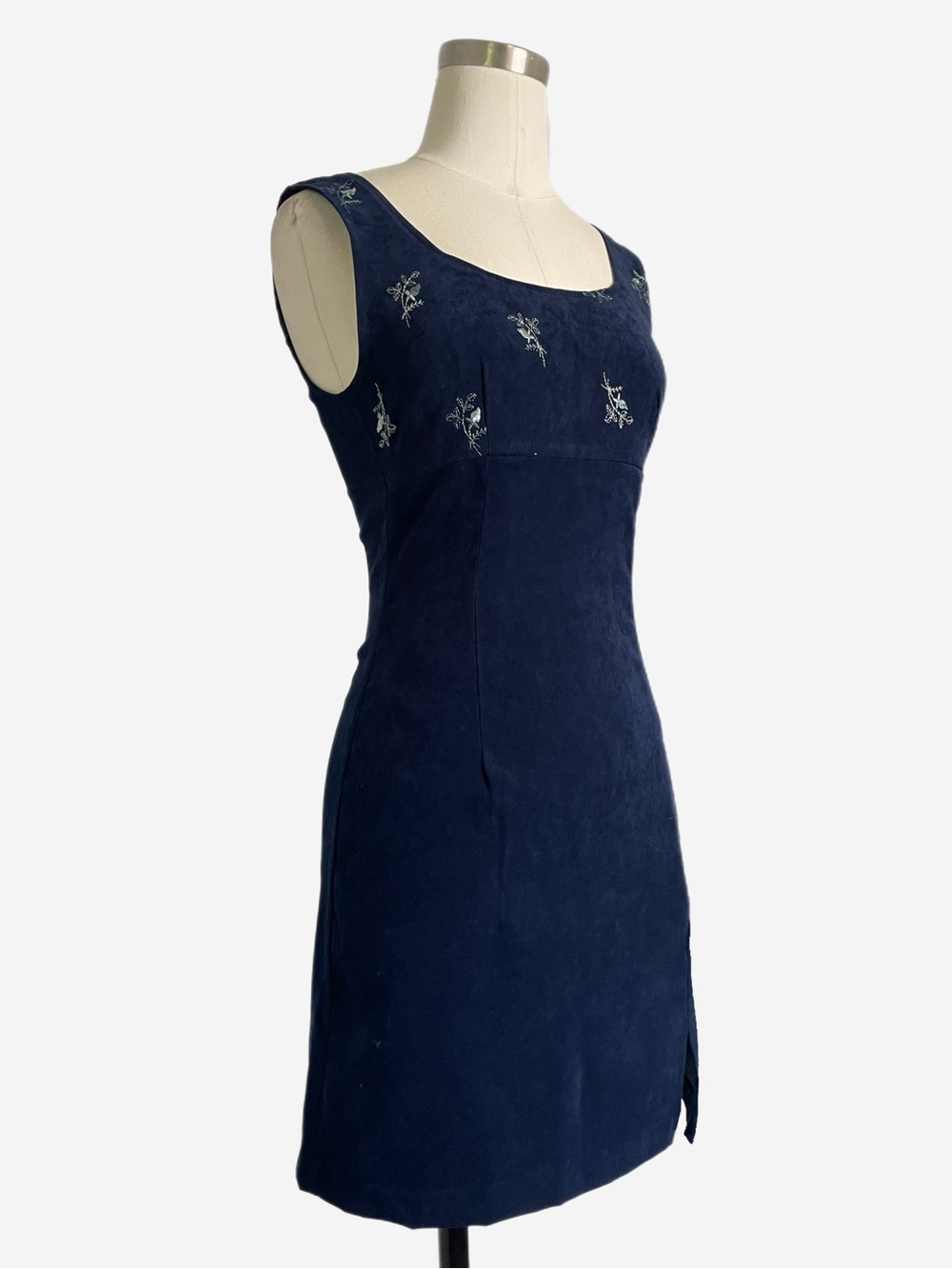 Vintage 90s 579 Blue faux suede floral embroidery mini dress fall whimsigoth XS - Picture 2 of 9